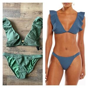 NWT ViX Firenze Liz Ruffle Top and Fany Classic Bottoms SET in Army Green L